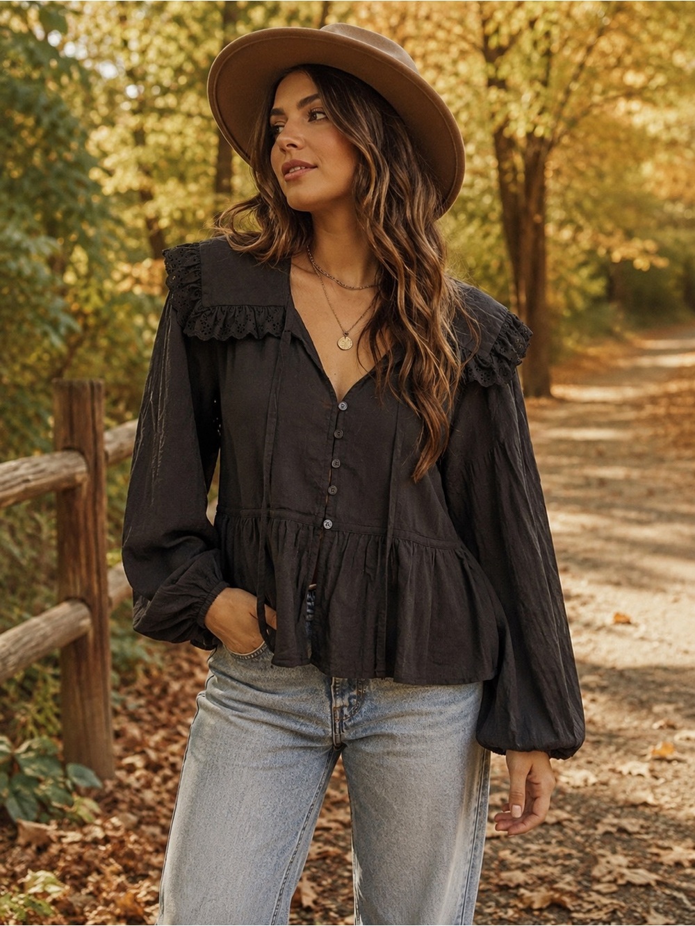 NWOT House Of Harlow Black Ruffle Eyelet Collar Button Down Peasant Blouse M - Picture 5 of 5